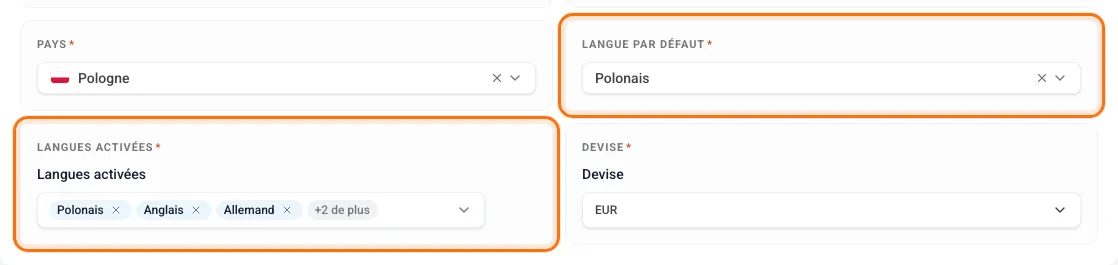 Les champs Langue par défaut et Langues activées en mode modification