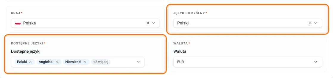Pola Język domyślny i Dostępne języki w trybie edycji