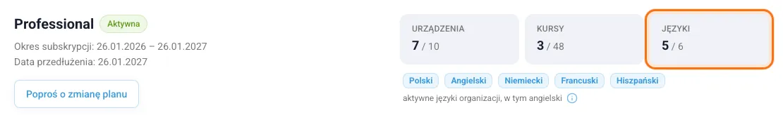 Karta subskrypcji z zaznaczonym licznikiem Języki