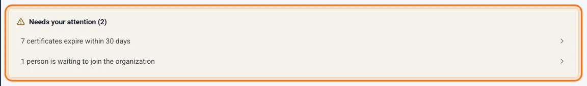 The "Needs your attention" box with expiring certificates and a pending join request