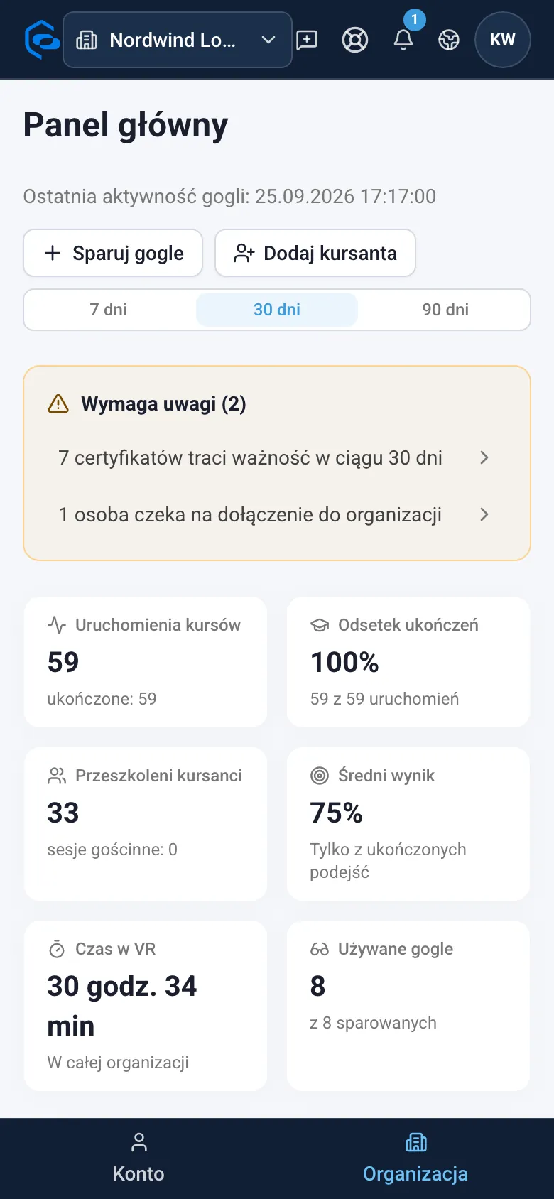 Panel główny na ekranie telefonu