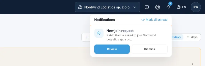 Open notification list with a new join request and the Review and Dismiss buttons