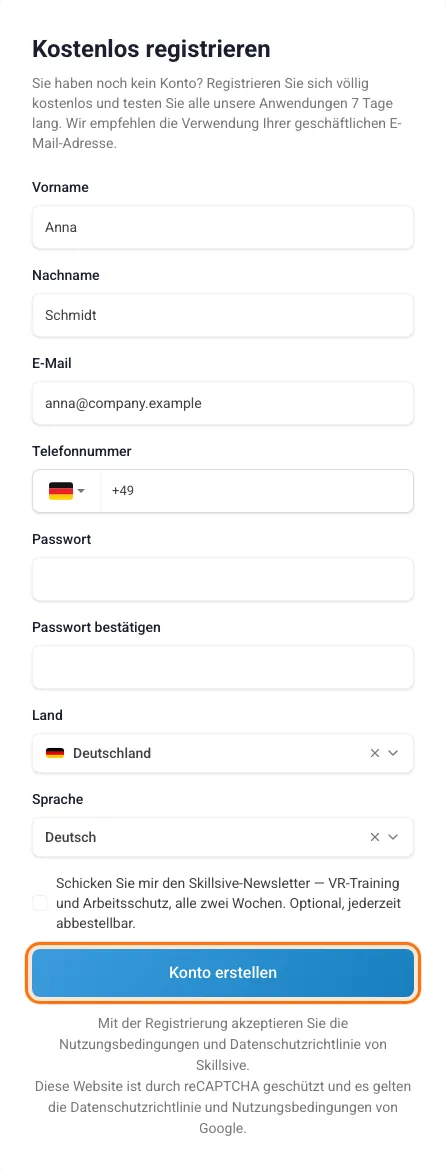 Das Formular „Kostenlos registrieren“ mit Beispieldaten und markierter Schaltfläche Konto erstellen