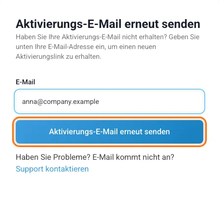 Die Seite „Aktivierungs-E-Mail erneut senden“ mit E-Mail-Adresse und markierter Schaltfläche