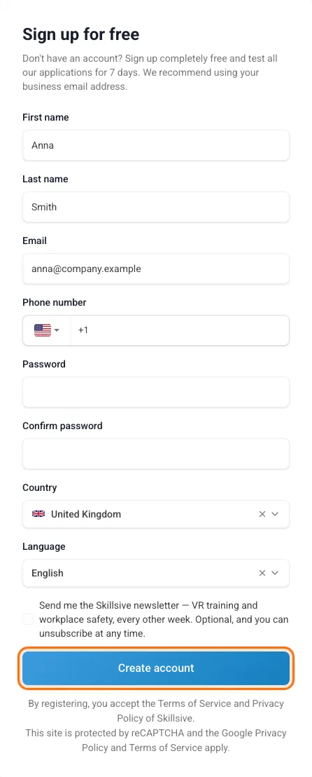 The "Sign up for free" form with example data and the Create account button marked