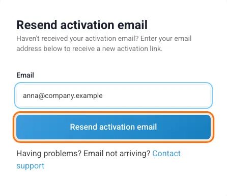 The "Resend activation email" page with an email address and the button marked