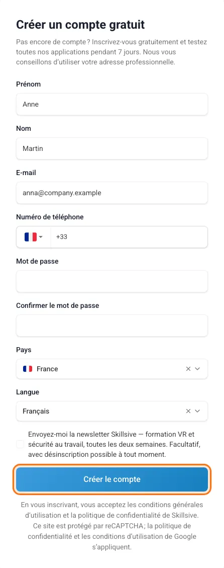 Le formulaire « Créer un compte gratuit » avec des données d’exemple et le bouton Créer le compte encadré