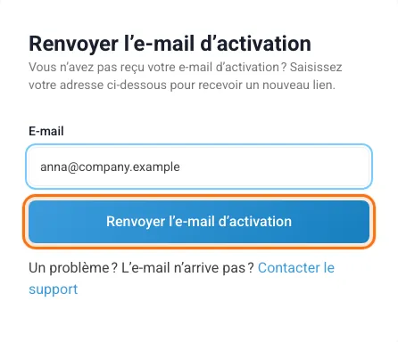 La page « Renvoyer l’e-mail d’activation » avec une adresse e-mail et le bouton encadré