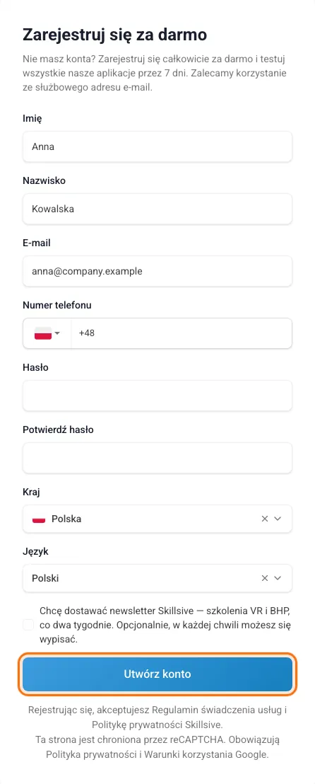 Formularz „Zarejestruj się za darmo” z przykładowymi danymi i zaznaczonym przyciskiem Utwórz konto