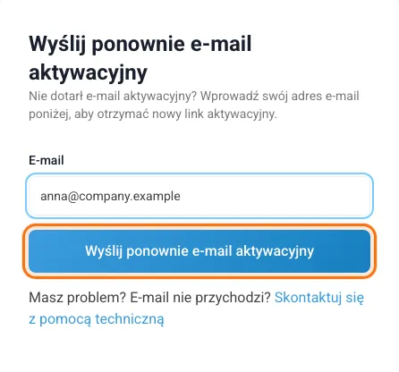 Strona „Wyślij ponownie e-mail aktywacyjny” z adresem e-mail i zaznaczonym przyciskiem