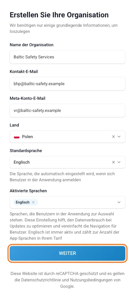 Das Formular „Erstellen Sie Ihre Organisation“ mit Beispieldaten