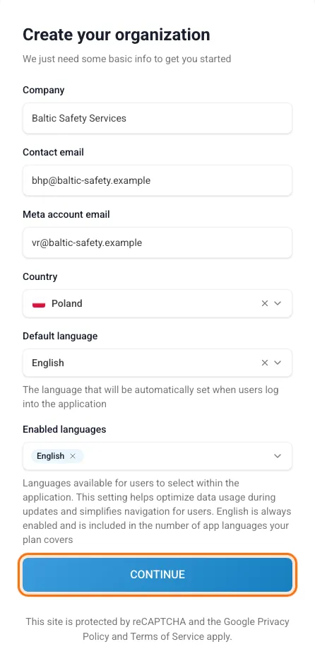 The "Create your organization" form filled in with example data