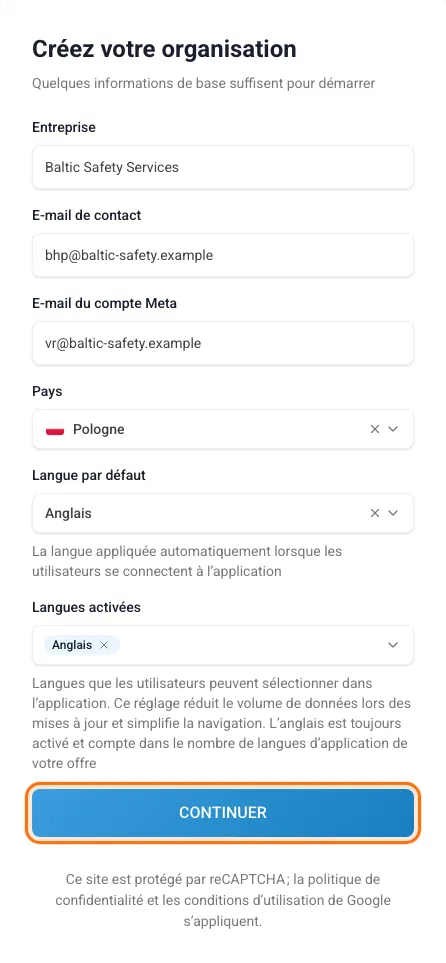 Le formulaire « Créez votre organisation » rempli avec des données d’exemple