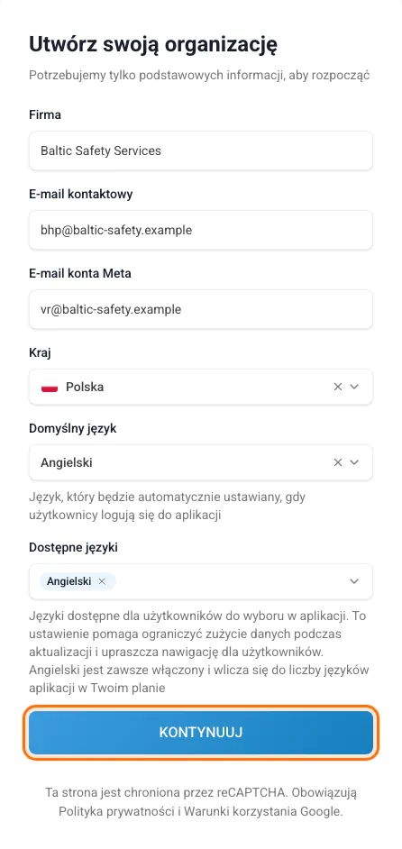 Formularz „Utwórz swoją organizację” wypełniony przykładowymi danymi
