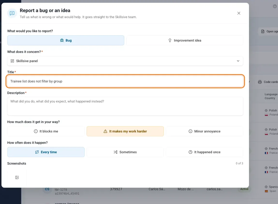 Report a bug or an idea window with the type, area, title and description