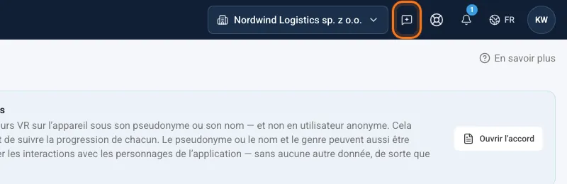 En-tête du tableau de bord avec l’icône Signaler un bug ou une idée