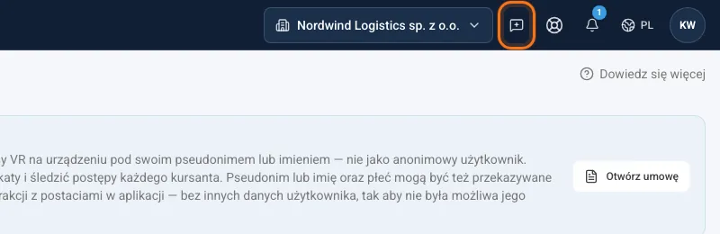 Nagłówek panelu z ikoną Zgłoś błąd lub pomysł