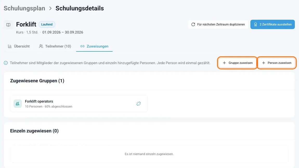 Registerkarte Zuweisungen mit den Schaltflächen Gruppe zuweisen und Person zuweisen