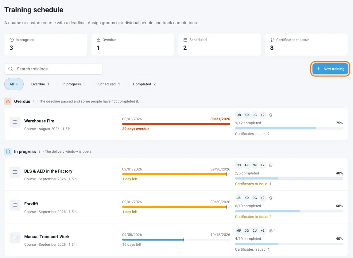 Training schedule grouped by status with the New training button