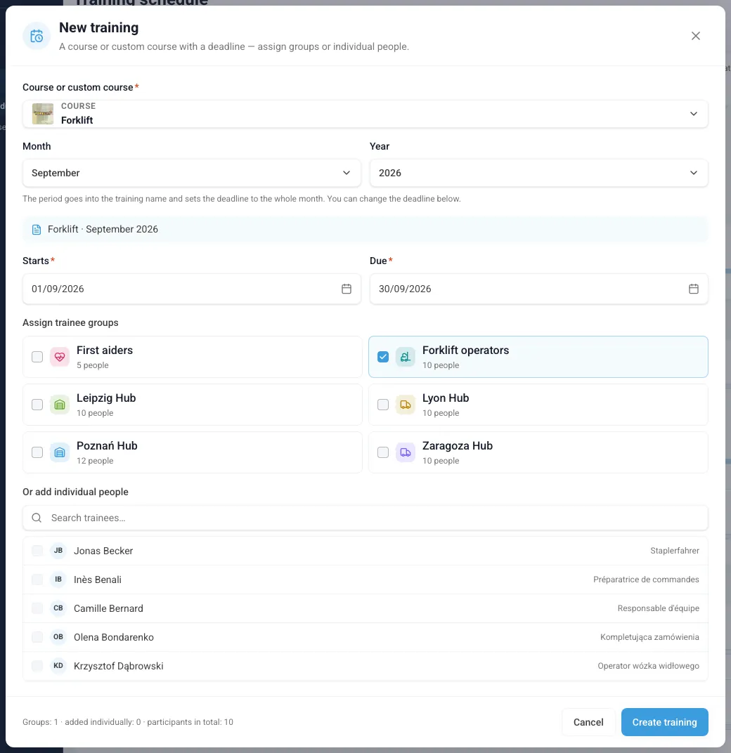 New training form with a course, the period and a selected group