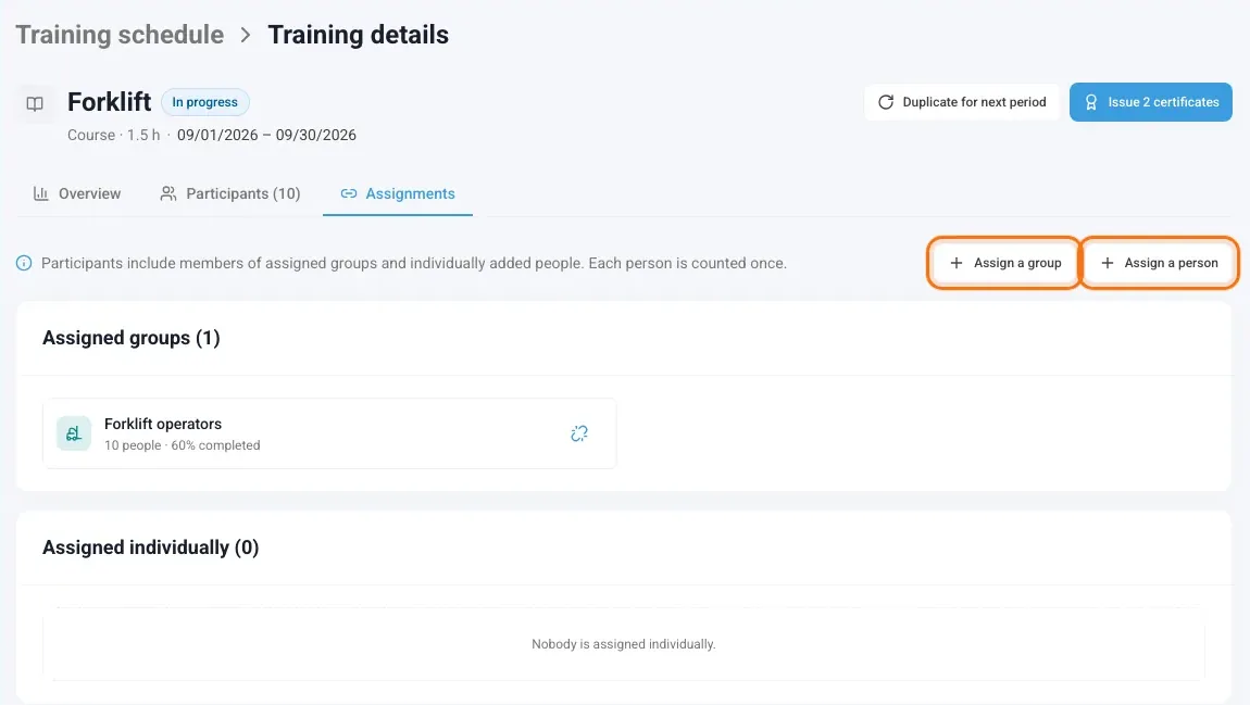 Assignments tab with the Assign a group and Assign a person buttons