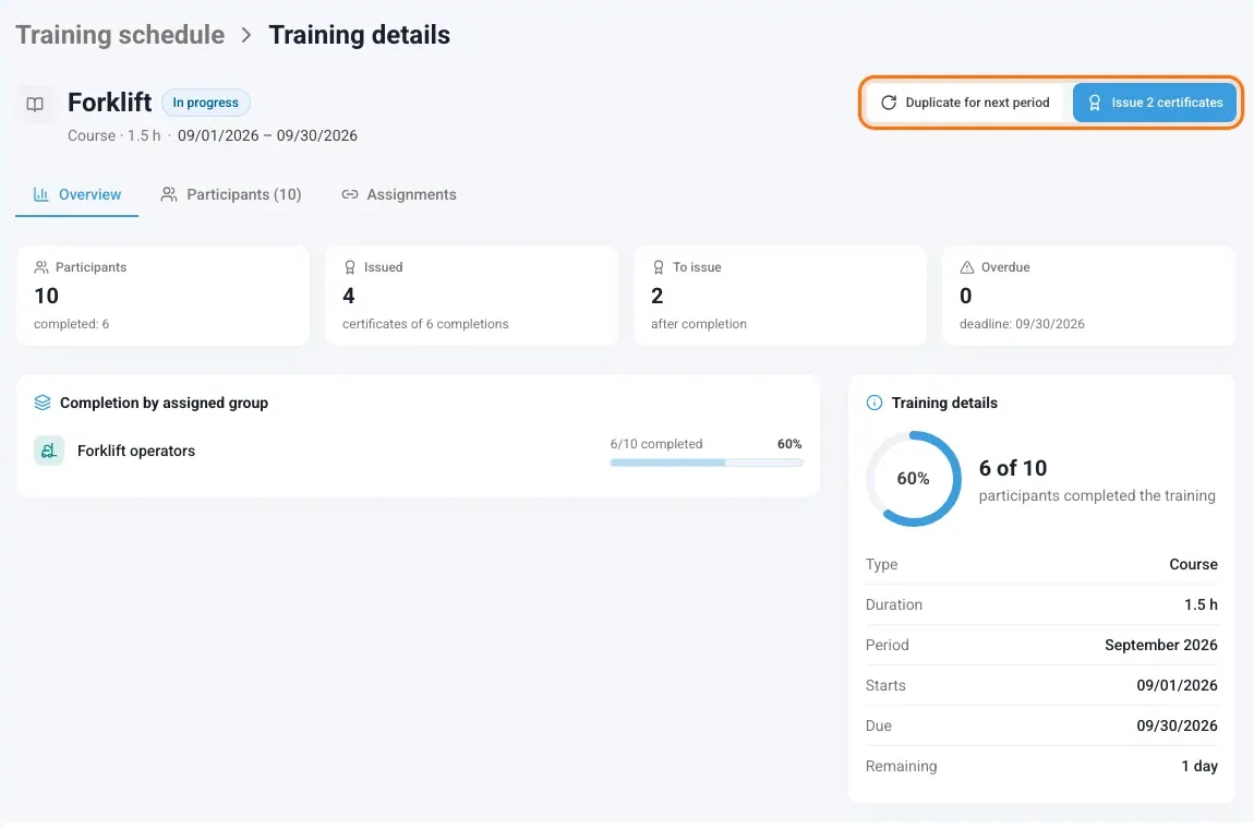 Training details with the Duplicate for next period and Issue certificates buttons