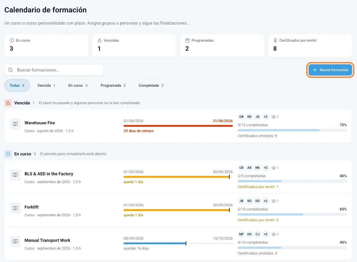 Calendario de formación agrupado por estado con el botón Nueva formación