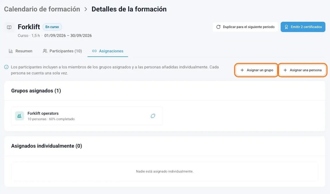 Pestaña Asignaciones con los botones Asignar un grupo y Asignar una persona