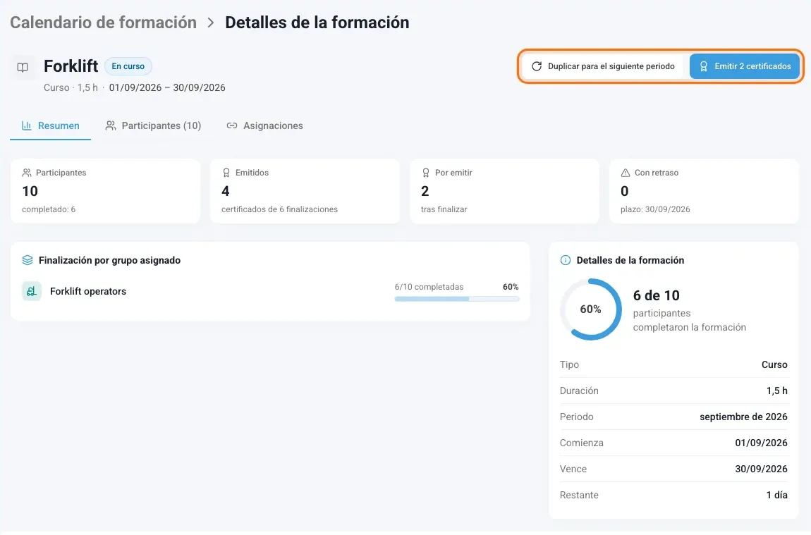 Detalles de una formación con los botones Duplicar para el siguiente periodo y Emitir certificados