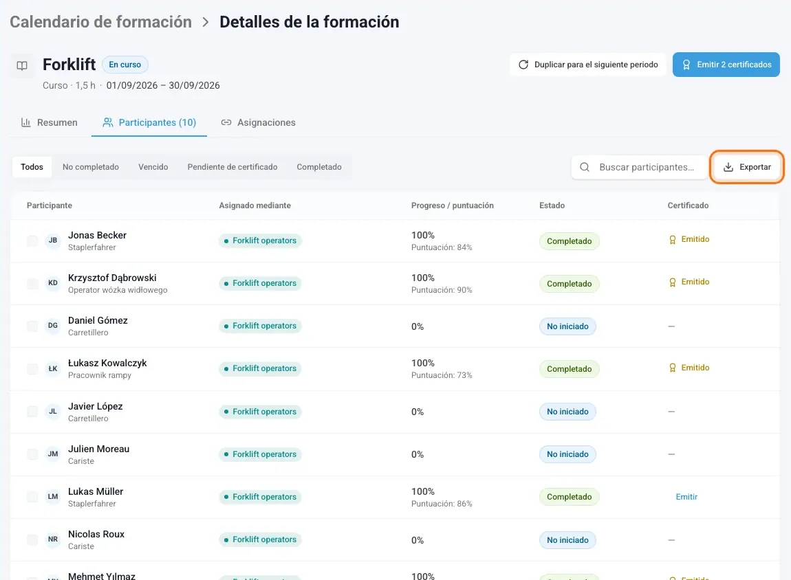 Pestaña Participantes con los filtros y el botón Exportar