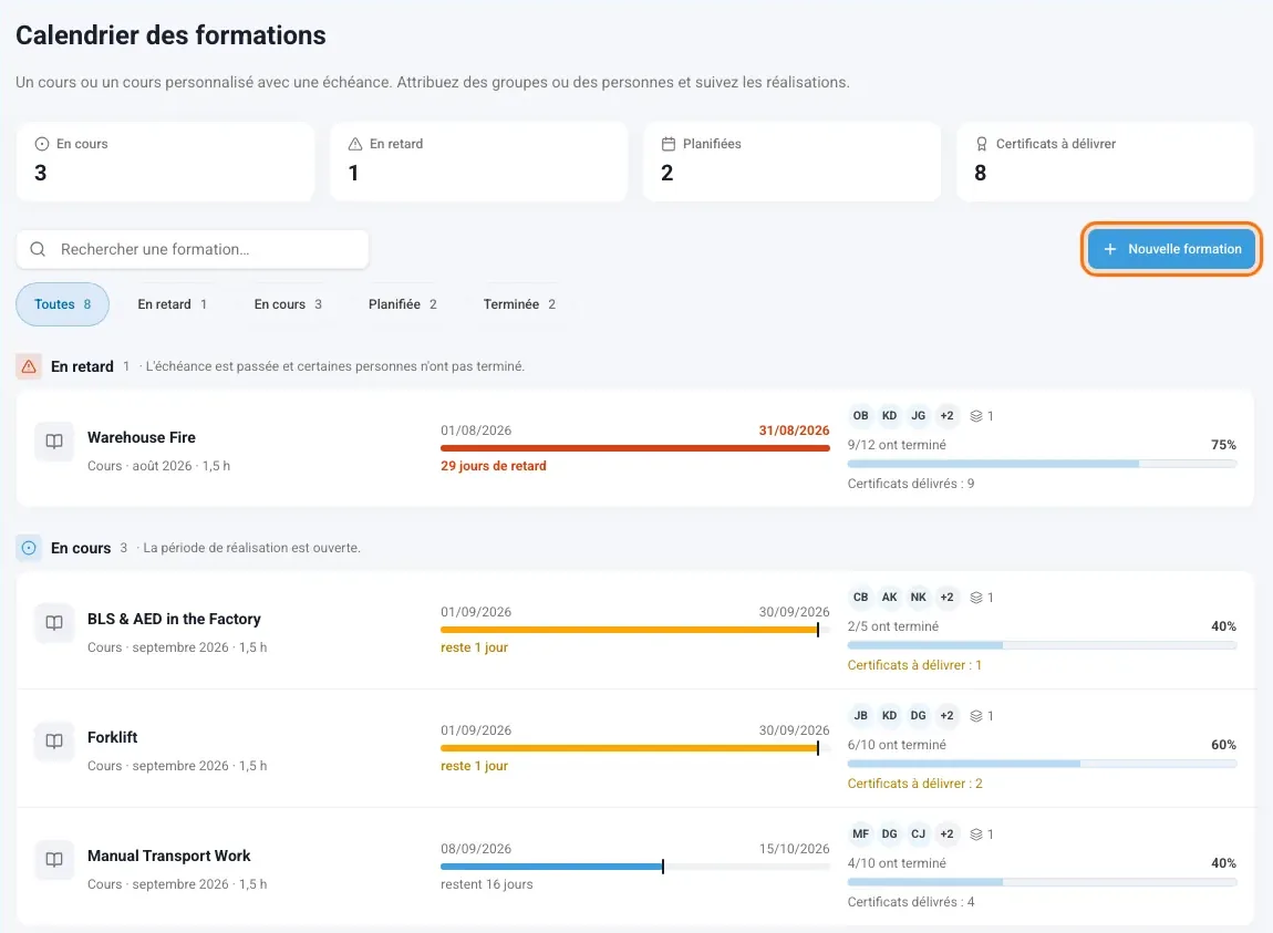 Calendrier des formations regroupé par statut avec le bouton Nouvelle formation