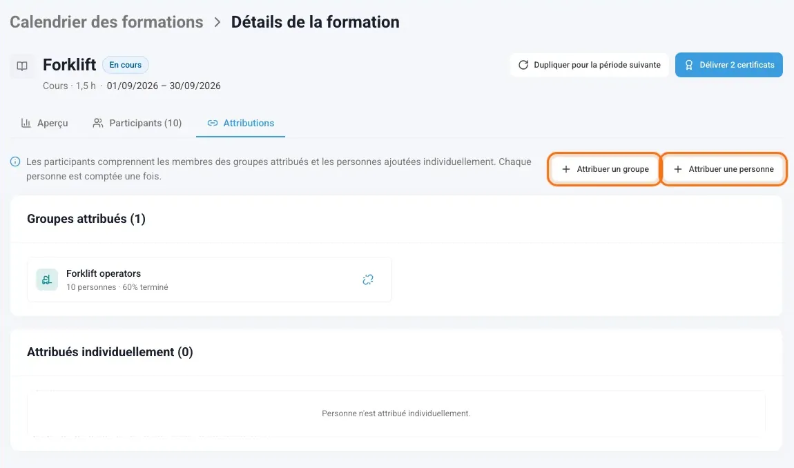 Onglet Attributions avec les boutons Attribuer un groupe et Attribuer une personne