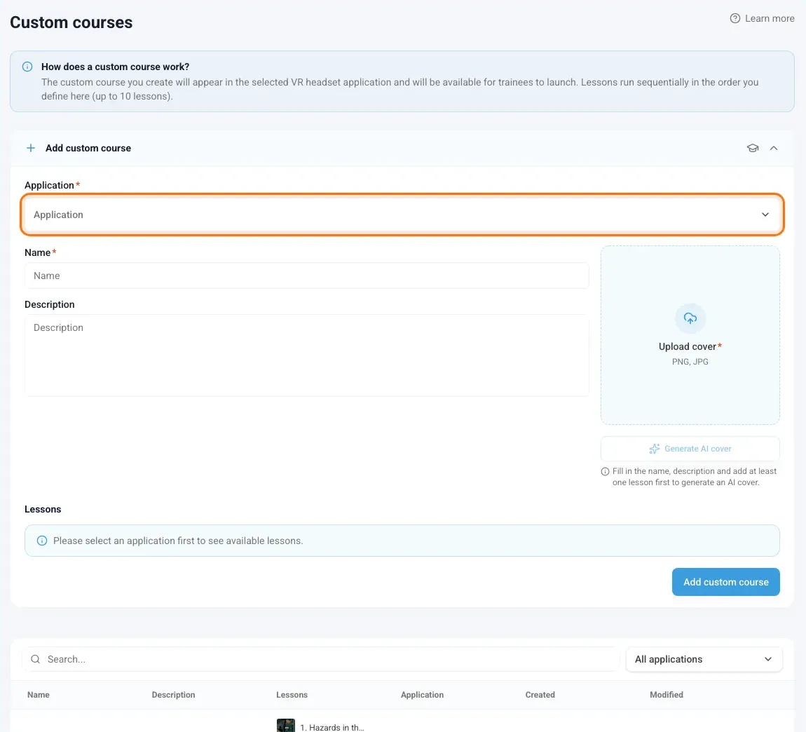 Add custom course form with the Application field