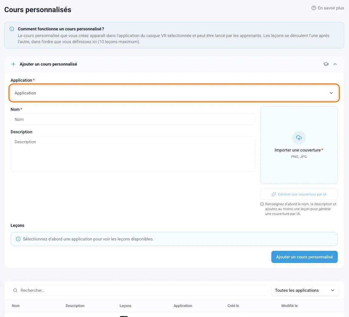 Formulaire Ajouter un cours personnalisé avec le champ Application