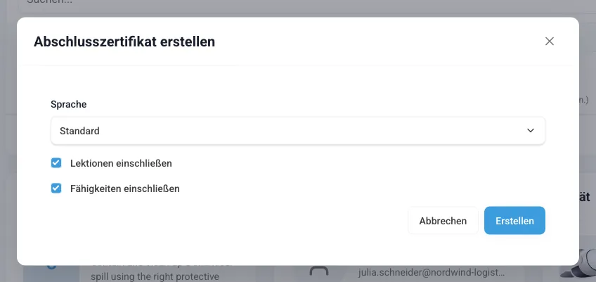 Das Fenster „Abschlusszertifikat erstellen“ mit Sprache und Optionen