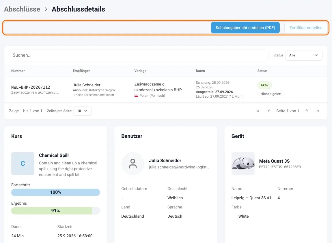 Abschlussdetails mit markierter Schaltfläche „Schulungsbericht erstellen (PDF)“