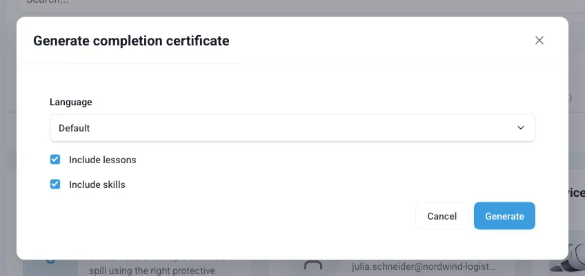 The "Generate completion certificate" window with language and options