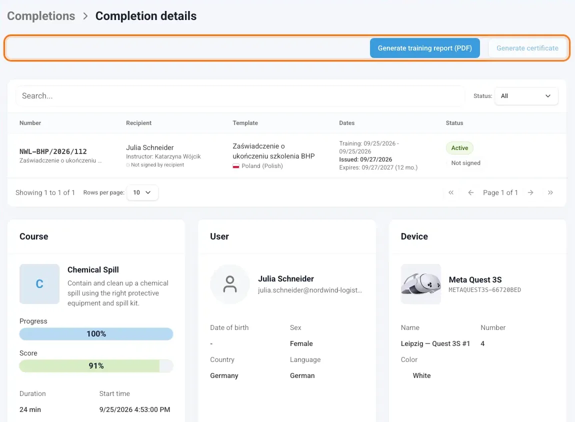 Completion details with the "Generate training report (PDF)" button marked