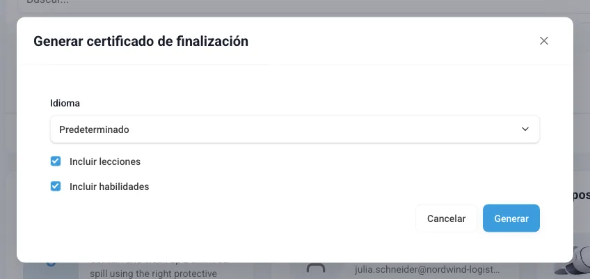 La ventana «Generar certificado de finalización» con el idioma y las opciones