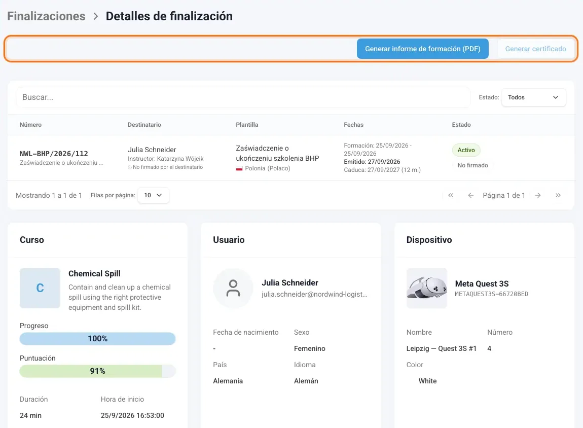 Detalles de finalización con el botón «Generar informe de formación (PDF)» marcado