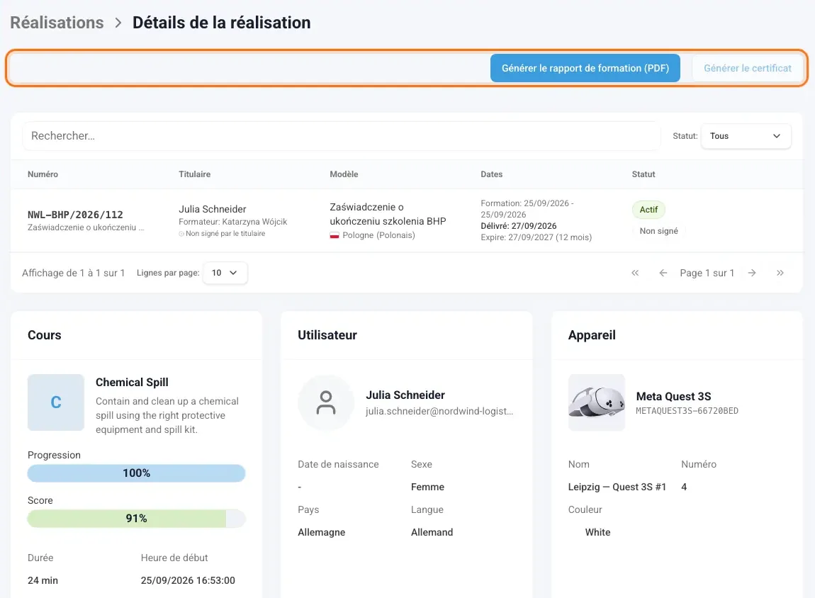 Détails de la réalisation avec le bouton « Générer le rapport de formation (PDF) » encadré