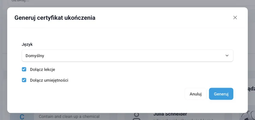 Okno „Generuj certyfikat ukończenia” z językiem i opcjami