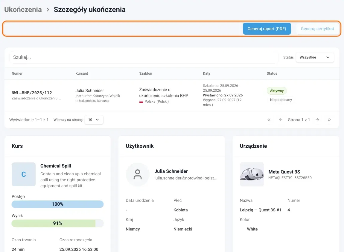 Szczegóły ukończenia z zaznaczonym przyciskiem „Generuj raport (PDF)”