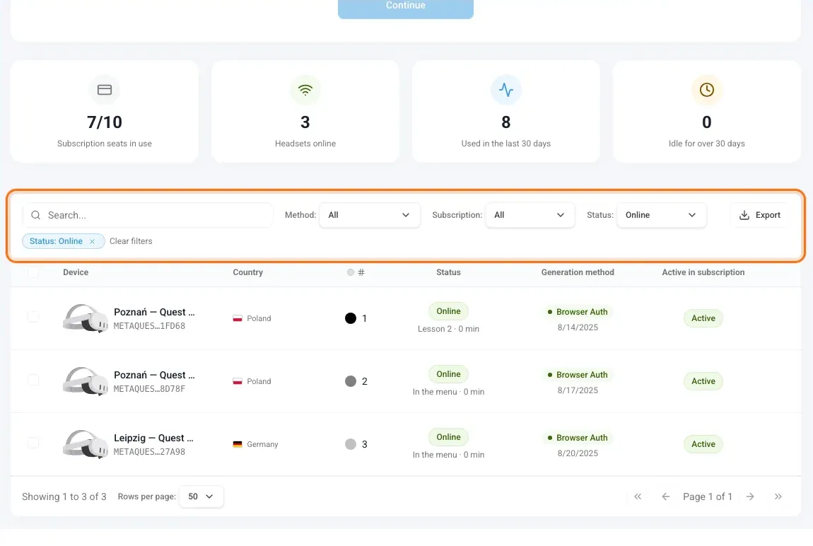 Device list filtered to headsets that are online
