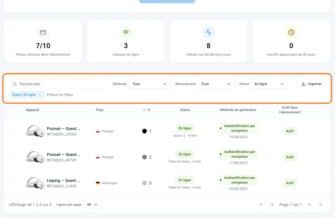 Liste des appareils filtrée sur les casques en ligne