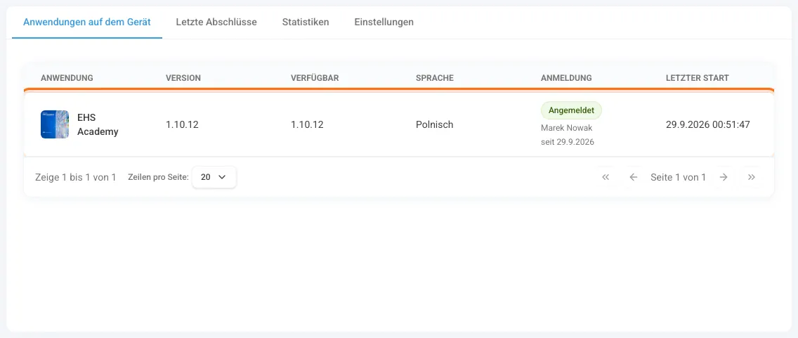 Registerkarte Anwendungen auf dem Gerät mit angemeldetem EHS Academy