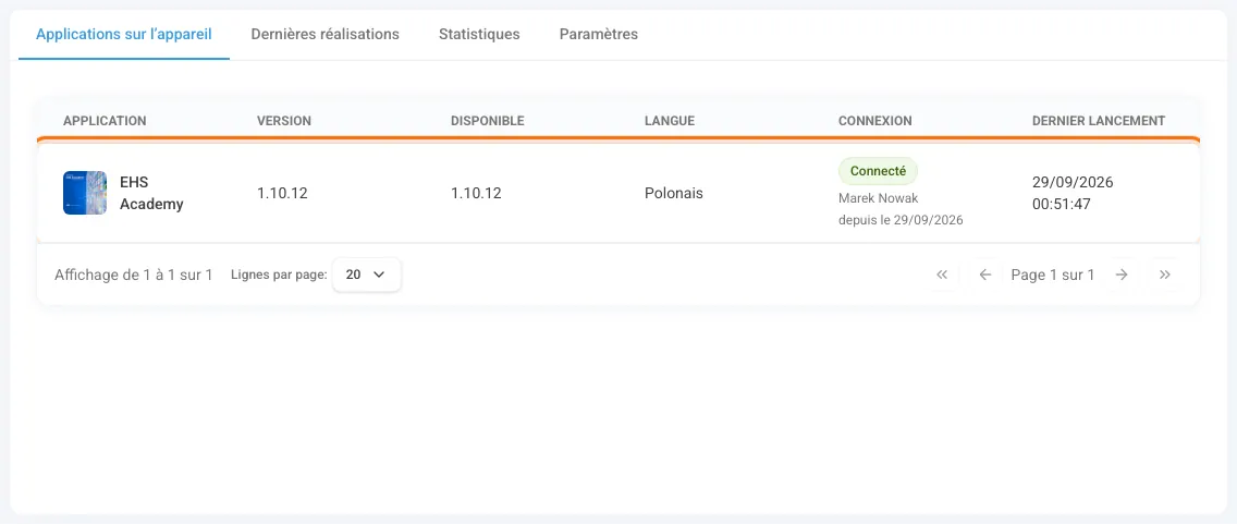 Onglet Applications sur l’appareil avec EHS Academy connecté