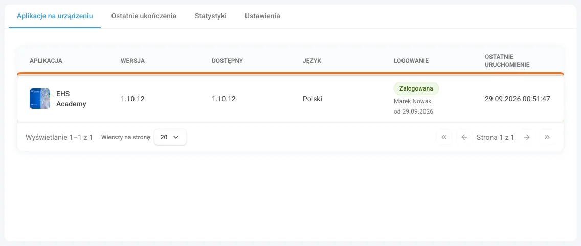 Karta Aplikacje na urządzeniu z zalogowaną aplikacją EHS Academy