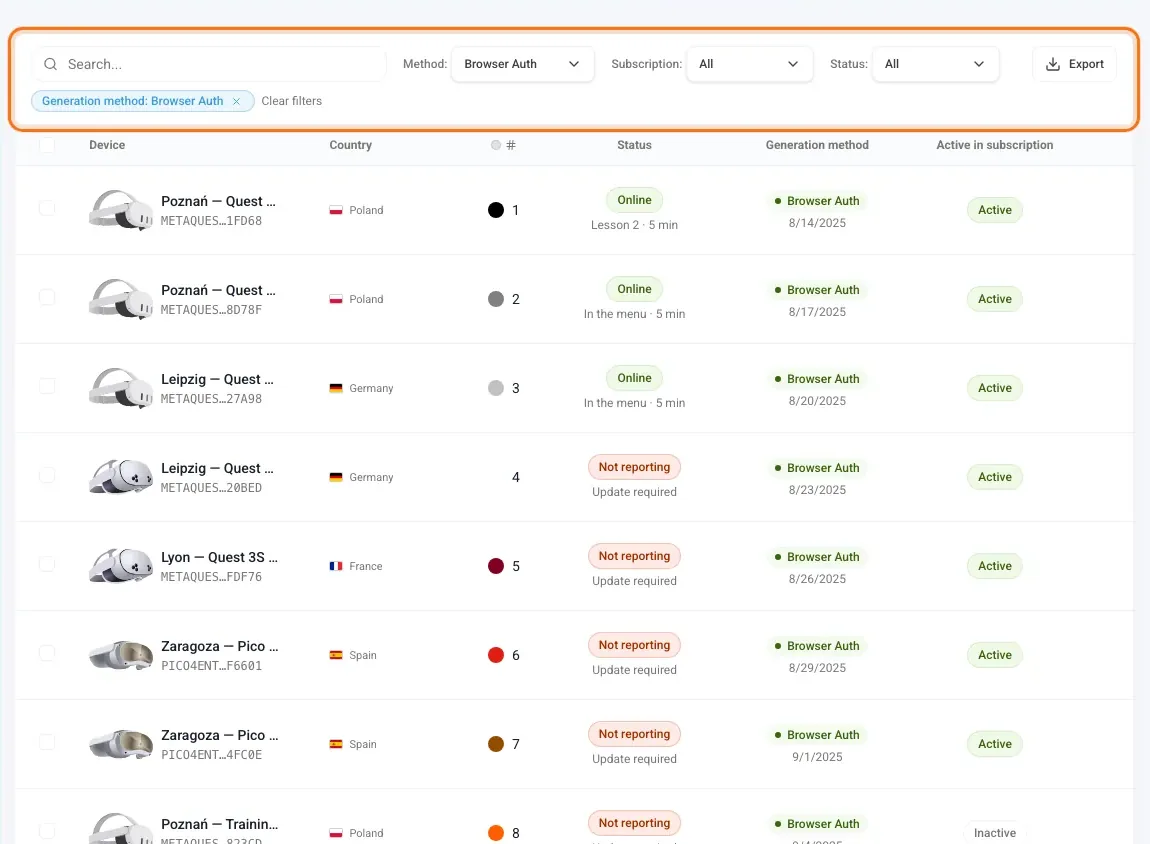 Filters set to show all headsets, including one without a seat