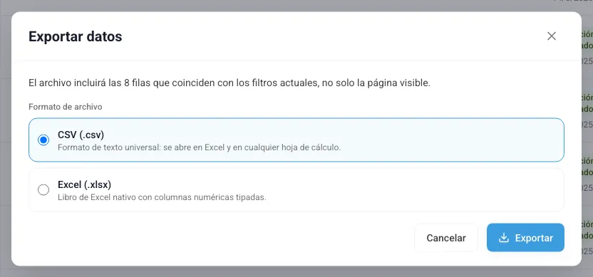 Ventana de exportación de la lista de dispositivos
